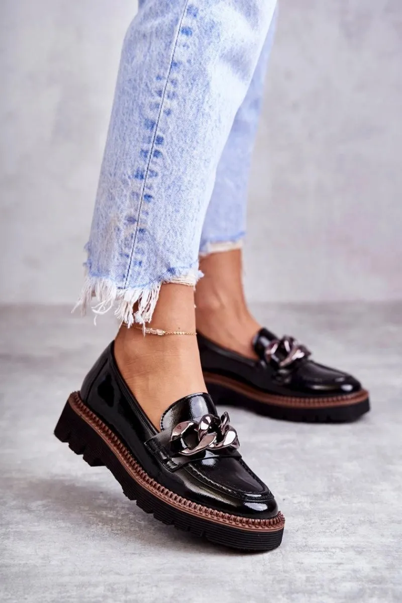 New Lakierowane Półbuty Loafery Na Platformie Czarne Reidun Damskie Półbuty Lakierowane|Mokasyny Damskie Lakierowane