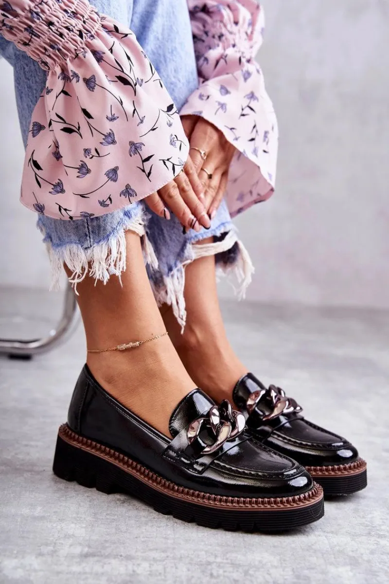New Lakierowane Półbuty Loafery Na Platformie Czarne Reidun Damskie Półbuty Lakierowane|Mokasyny Damskie Lakierowane