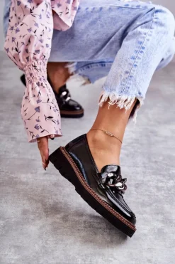 New Lakierowane Półbuty Loafery Na Platformie Czarne Reidun Damskie Półbuty Lakierowane|Mokasyny Damskie Lakierowane