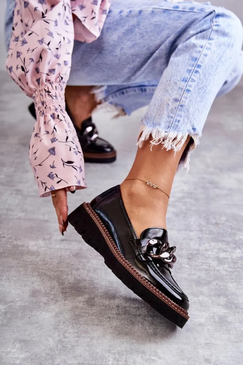 New Lakierowane Półbuty Loafery Na Platformie Czarne Reidun Damskie Półbuty Lakierowane|Mokasyny Damskie Lakierowane