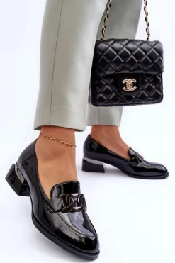 Online Lakierowane Półbuty Mokasyny Na Obcasie Czarne Sakina Damskie Półbuty Lakierowane