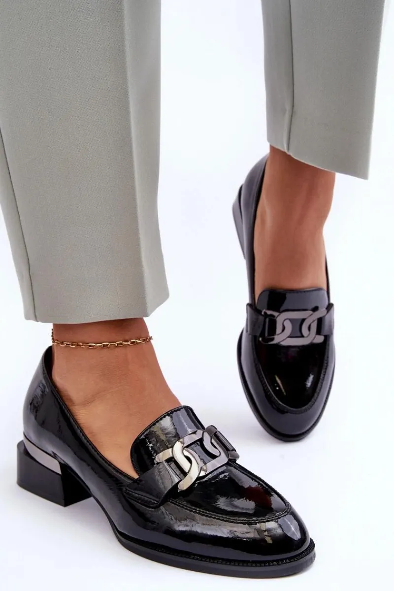 Online Lakierowane Półbuty Mokasyny Na Obcasie Czarne Sakina Damskie Półbuty Lakierowane