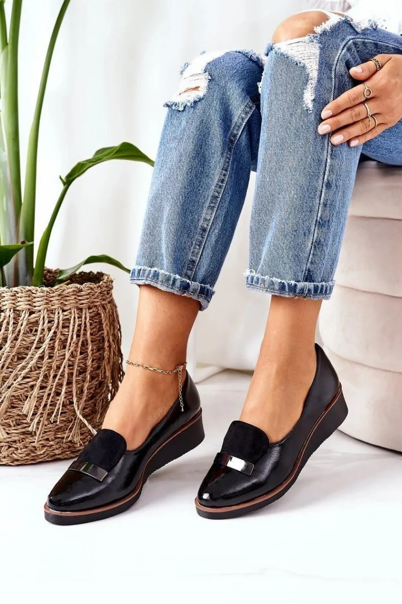 Clearance Boto Lakierowane Półbuty Na Koturnie POTOCKI 12032 Czarne