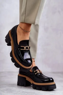 Półbuty Lakierowane|Półbuty Skórzane>Boto Lakierowane Półbuty Na Obcasie Ze Złotą Ozdobą Czarne Lurdes