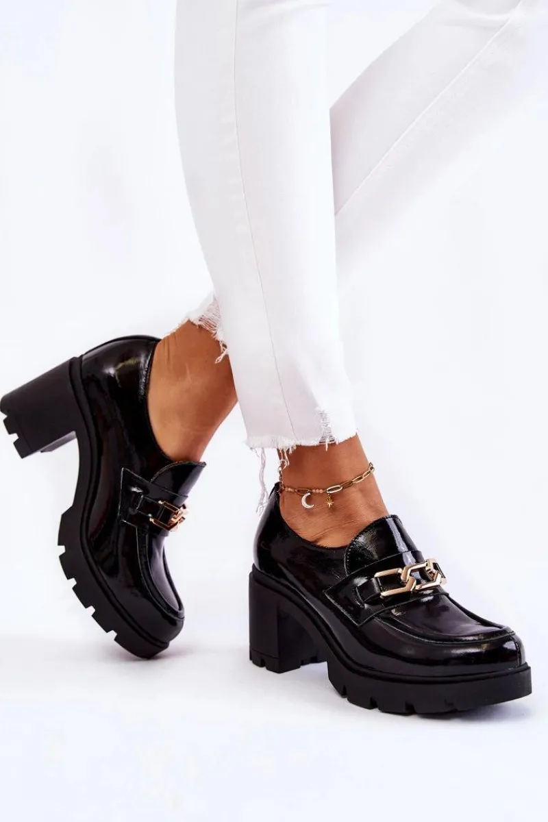 Online Lakierowane Półbuty Na Słupku Ze Złotą Ozdobą Czarne Mikeyla Damskie Półbuty Lakierowane|Półbuty Skórzane