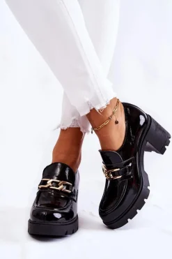 Online Lakierowane Półbuty Na Słupku Ze Złotą Ozdobą Czarne Mikeyla Damskie Półbuty Lakierowane|Półbuty Skórzane