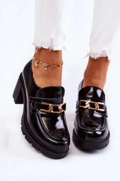 Online Lakierowane Półbuty Na Słupku Ze Złotą Ozdobą Czarne Mikeyla Damskie Półbuty Lakierowane|Półbuty Skórzane