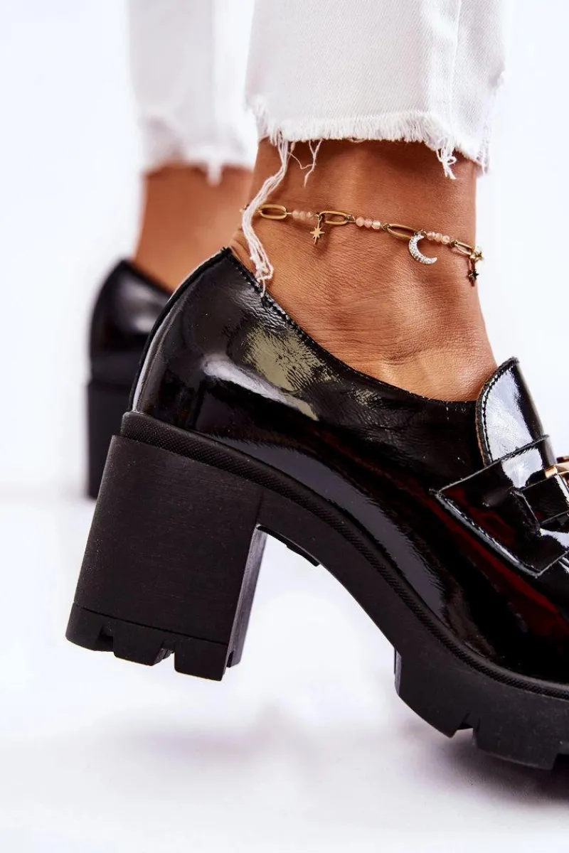 Online Lakierowane Półbuty Na Słupku Ze Złotą Ozdobą Czarne Mikeyla Damskie Półbuty Lakierowane|Półbuty Skórzane