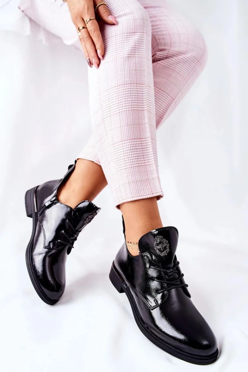 Outlet Buty Sergio Leone Lakierowane Pół Ocieplane PB262 Czarne