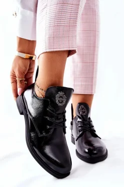 Outlet Buty Sergio Leone Lakierowane Pół Ocieplane PB262 Czarne