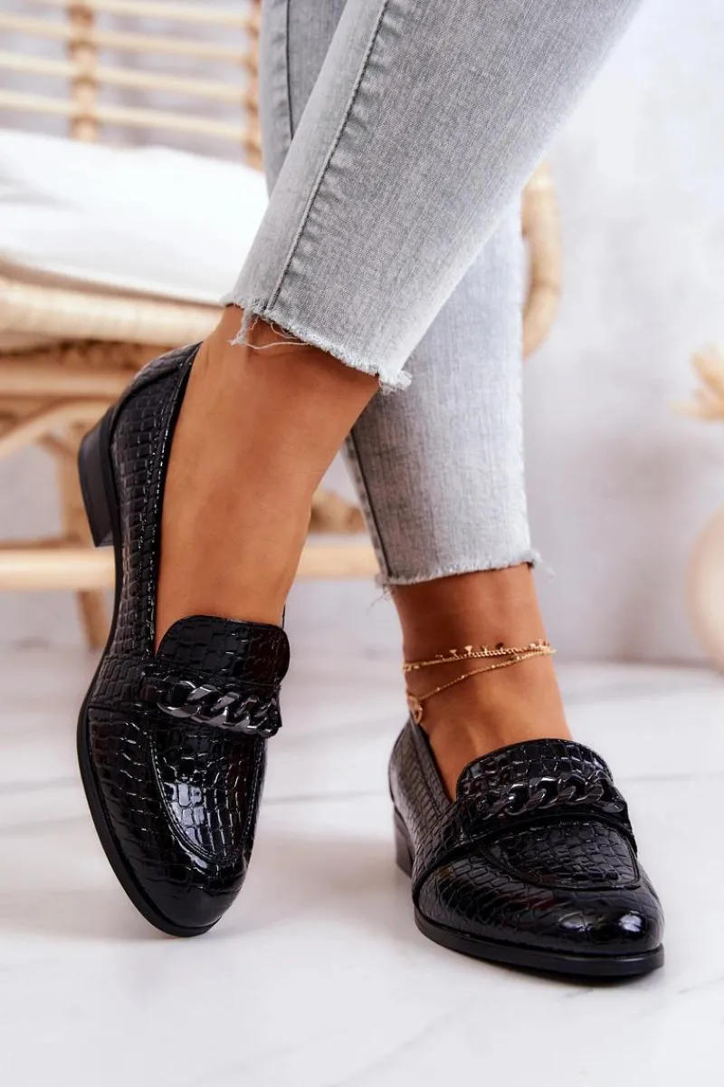 Mokasyny Damskie Lakierowane>Buty damskie Vinceza Lakierowane Półbuty W Wężowy Wzór Czarne Yasmin