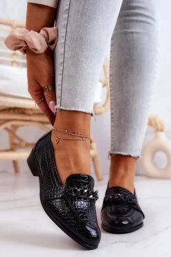 Mokasyny Damskie Lakierowane>Buty damskie Vinceza Lakierowane Półbuty W Wężowy Wzór Czarne Yasmin