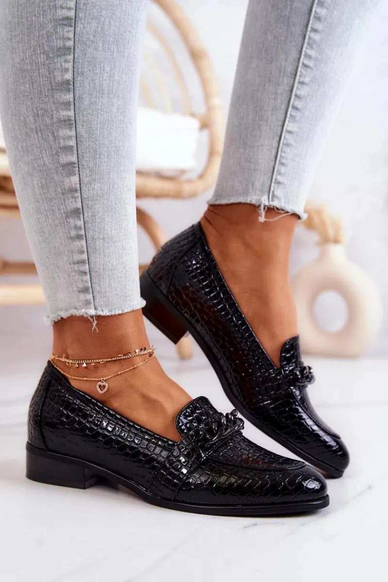 Mokasyny Damskie Lakierowane>Buty damskie Vinceza Lakierowane Półbuty W Wężowy Wzór Czarne Yasmin