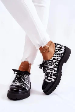 Półbuty Lakierowane|Półbuty Skórzane>Laura Messi Lakierowane Półbuty Wiązane 2441 Czarno-Białe