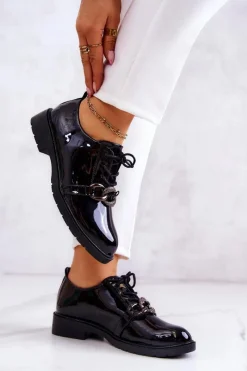 Półbuty Lakierowane>Damskie buty S.Barski Lakierowane Półbuty Wiązane Z Ozdobą Czarne Larosa