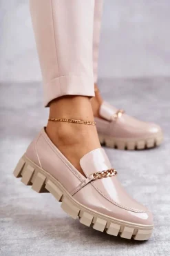 Clearance Lakierowane Półbuty Z Łańcuszkiem Beżowe Anne Damskie Półbuty Lakierowane|Mokasyny Damskie Lakierowane