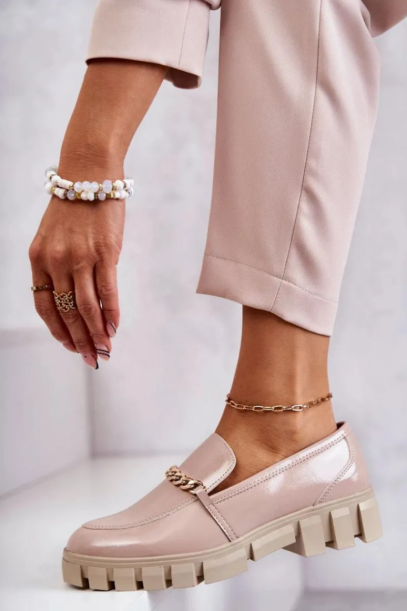 Clearance Lakierowane Półbuty Z Łańcuszkiem Beżowe Anne Damskie Półbuty Lakierowane|Mokasyny Damskie Lakierowane