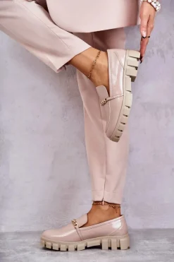 Clearance Lakierowane Półbuty Z Łańcuszkiem Beżowe Anne Damskie Półbuty Lakierowane|Mokasyny Damskie Lakierowane