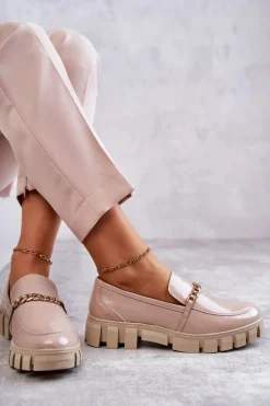 Clearance Lakierowane Półbuty Z Łańcuszkiem Beżowe Anne Damskie Półbuty Lakierowane|Mokasyny Damskie Lakierowane