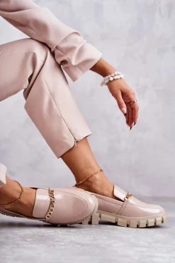 Clearance Lakierowane Półbuty Z Łańcuszkiem Beżowe Anne Damskie Półbuty Lakierowane|Mokasyny Damskie Lakierowane