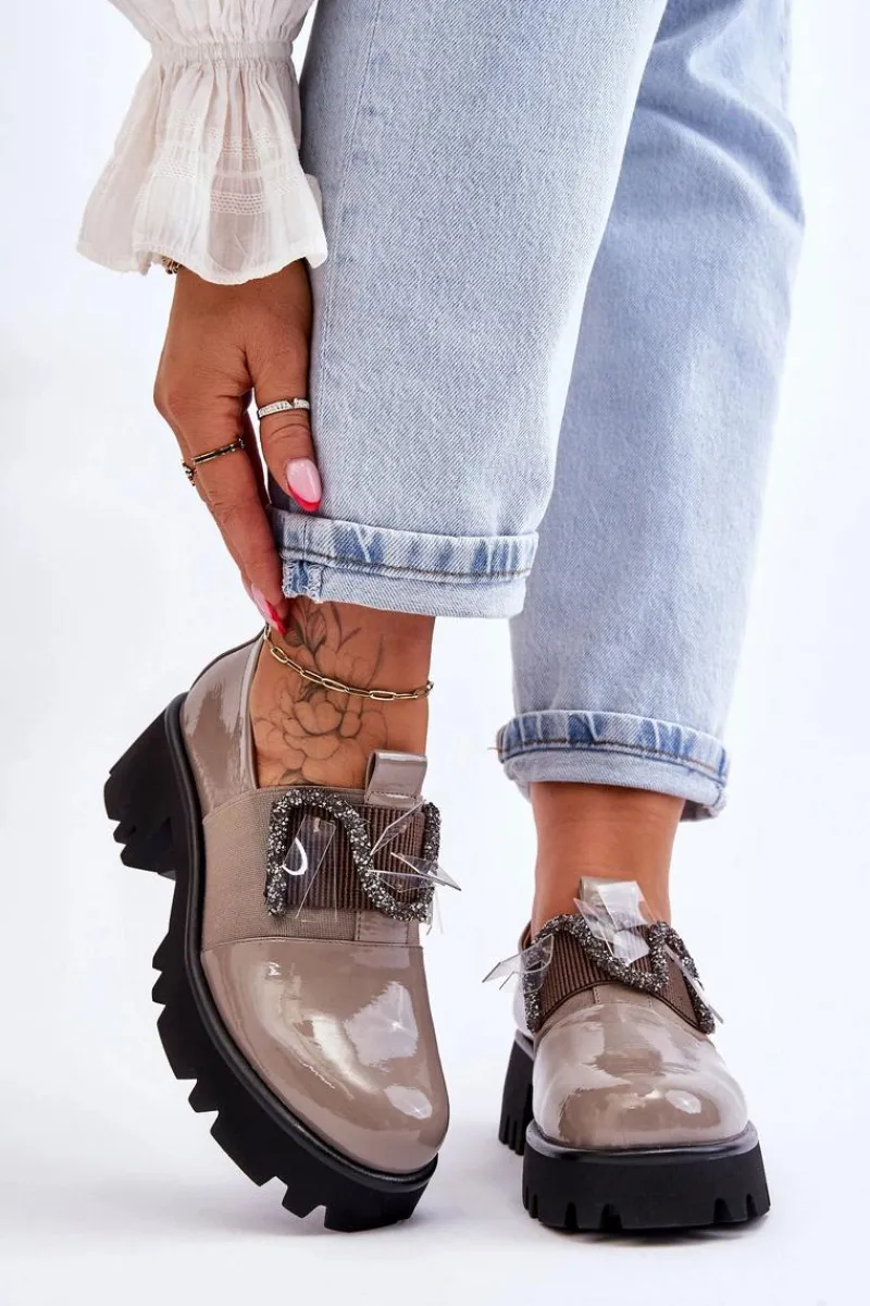 Półbuty Lakierowane>Damskie buty S.Barski Lakierowane Półbuty Z Ozdobami Szare Keily