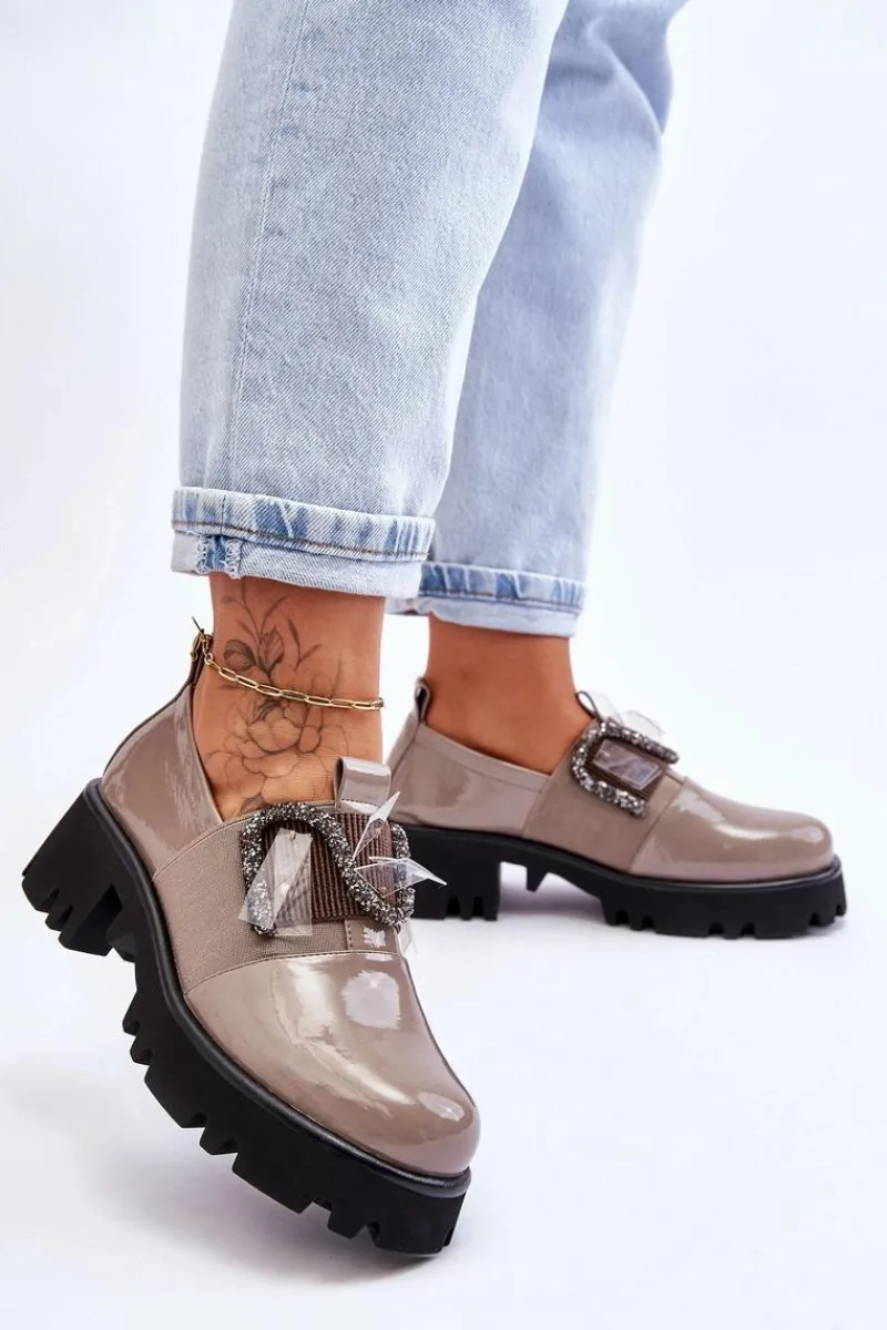 Półbuty Lakierowane>Damskie buty S.Barski Lakierowane Półbuty Z Ozdobami Szare Keily