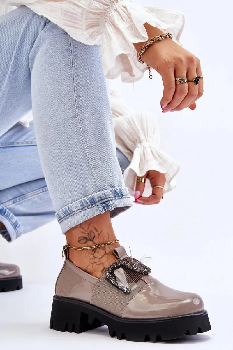 Półbuty Lakierowane>Damskie buty S.Barski Lakierowane Półbuty Z Ozdobami Szare Keily