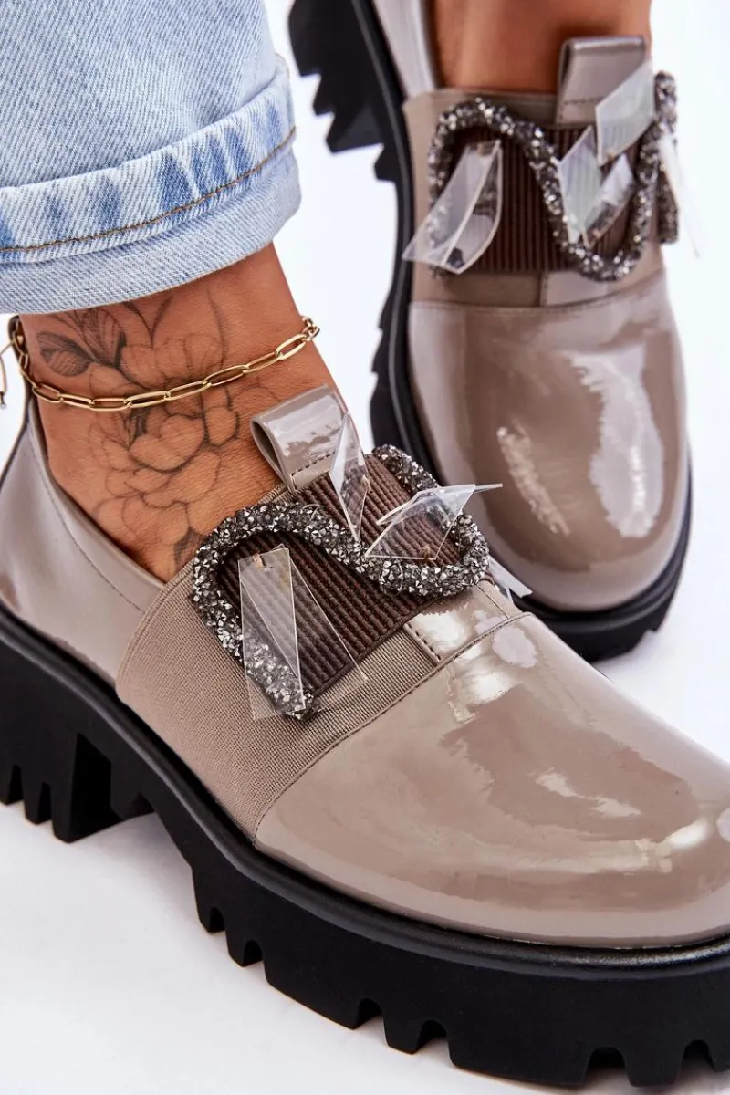 Półbuty Lakierowane>Damskie buty S.Barski Lakierowane Półbuty Z Ozdobami Szare Keily