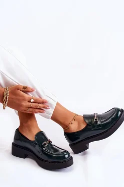 Lakierowane Półbuty Ze Srebrną Ozdobą Zielone Lemar Hestill Damskie Półbuty Lakierowane|Półbuty Skórzane