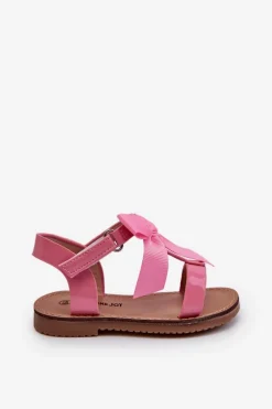 Outlet Boto Lakierowane Sandałki Dziecięce Z Kokardką Na Rzep Różowe Joratia Różowy