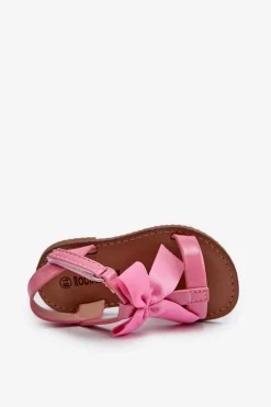 Outlet Boto Lakierowane Sandałki Dziecięce Z Kokardką Na Rzep Różowe Joratia Różowy
