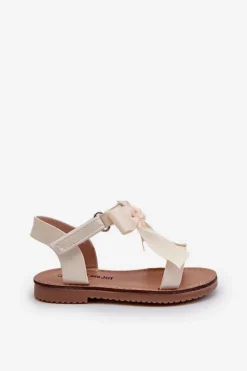 Clearance Lakierowane Sandałki Dziecięce Z Kokardką Na Rzep Jasnobeżowe Joratia Dzieci Dziewczęce
