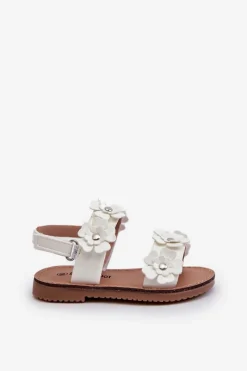 Lakierowane Sandałki Dziecięce Ozdobione Kwiatkami Białe Tinette Dzieci Dziewczęce