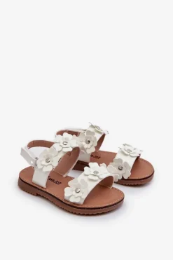 Lakierowane Sandałki Dziecięce Ozdobione Kwiatkami Białe Tinette Dzieci Dziewczęce