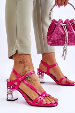 Hot Lakierowane Sandałki Na Ozdobnym Słupku D&A CR-232 Fuksja Damskie Sandały Na Słupku|Sandały Na Obcasie