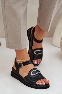 Sandały Na Koturnie>Boto Lakierowane Sandały Damskie Na Koturnie Z Ozdobą Czarne Salianes Czarny