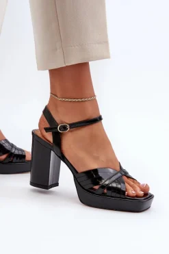 Hot Lakierowane Sandały Damskie Na Słupku Czarne D&A MR38-668 Damskie Sandały Na Słupku|Sandały Na Obcasie