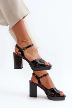 Hot Lakierowane Sandały Damskie Na Słupku Czarne D&A MR38-668 Damskie Sandały Na Słupku|Sandały Na Obcasie