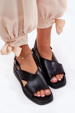 Online Boto Lakierowane Sandały Damskie Na Koturnie Z Eko Skóry Czarne Quilara Czarny