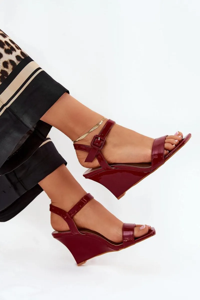 Discount Lakierowane Sandały Damskie Na Koturnie Bordowe Vliraya Damskie Sandały Na Koturnie