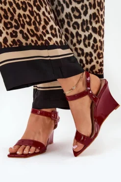 Discount Lakierowane Sandały Damskie Na Koturnie Bordowe Vliraya Damskie Sandały Na Koturnie