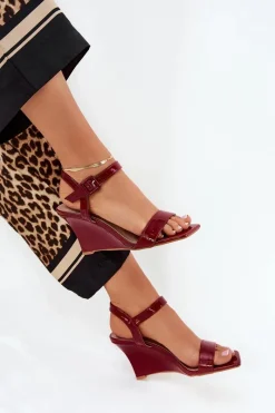 Discount Lakierowane Sandały Damskie Na Koturnie Bordowe Vliraya Damskie Sandały Na Koturnie