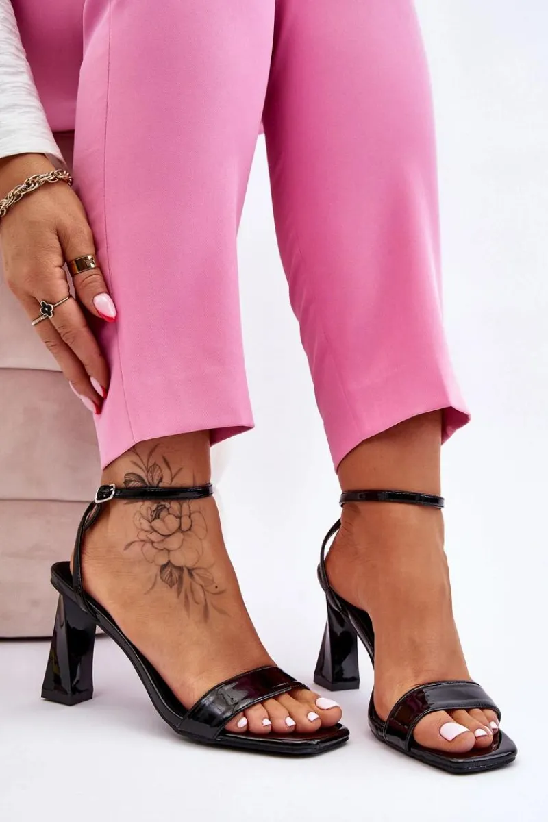 Hot Lakierowane Sandały Na Obcasie Czarne Owen Damskie Sandały Na Obcasie