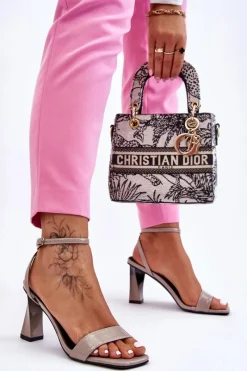 New Lakierowane Sandały Na Obcasie Szare Owen Damskie Sandały Na Obcasie