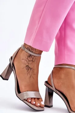 New Lakierowane Sandały Na Obcasie Szare Owen Damskie Sandały Na Obcasie