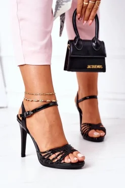 Sale Lakierowane Sandały Na Szpilce Czarne Katie Damskie Sandały Na Obcasie