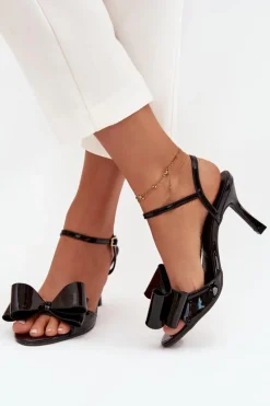 Sale Lakierowane Sandały Na Szpilce Z Kokardą Czarne Noliva Damskie Sandały Na Obcasie