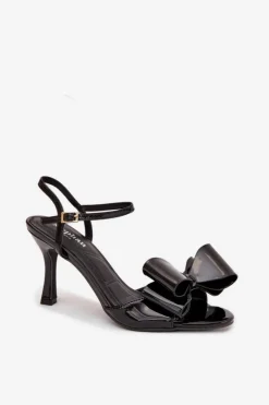 Sale Lakierowane Sandały Na Szpilce Z Kokardą Czarne Noliva Damskie Sandały Na Obcasie
