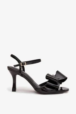 Sale Lakierowane Sandały Na Szpilce Z Kokardą Czarne Noliva Damskie Sandały Na Obcasie