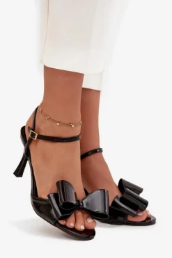 Sale Lakierowane Sandały Na Szpilce Z Kokardą Czarne Noliva Damskie Sandały Na Obcasie